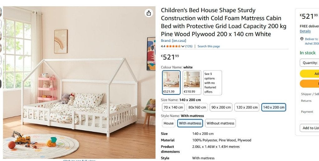 Kinderbed in huisvorm 140x200 cm+matras €280, 85 tot 100 cm, Zo goed als nieuw, 180 cm of meer, Ophalen