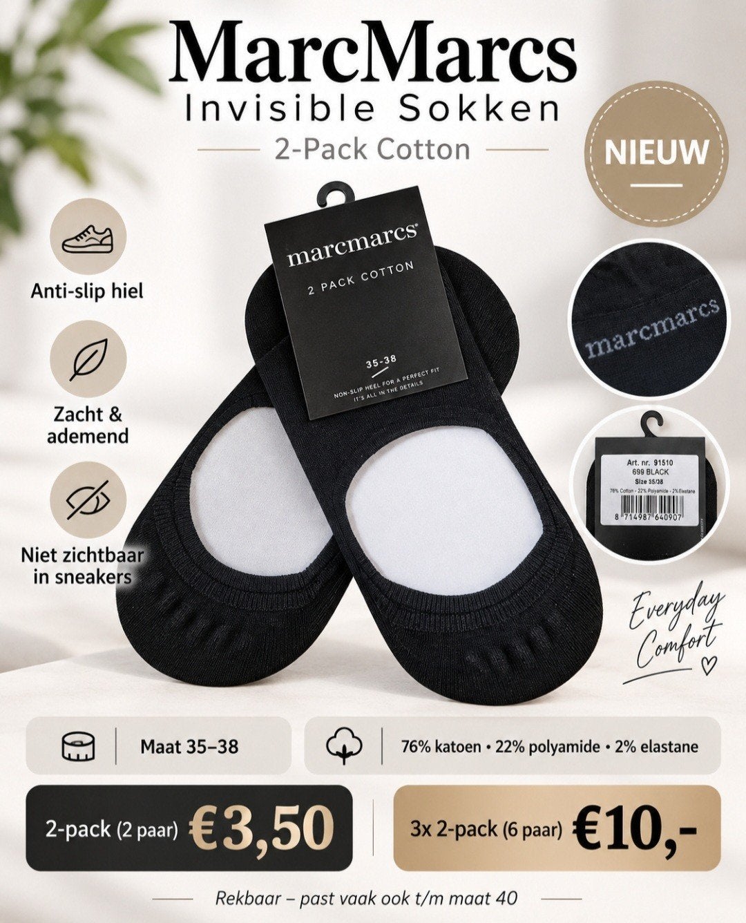 MarcMarcs Invisible Sokken - Anti-slip - Maat 35 tm 38, Maat 35 t/m 38, Nieuw, Ophalen of Verzenden, MarcMarcs
