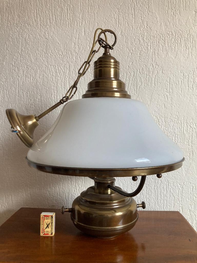 Antiek cottage koper brons glazen olielamp met twee lampen, Antiek en Kunst, Antiek | Lampen, Ophalen of Verzenden