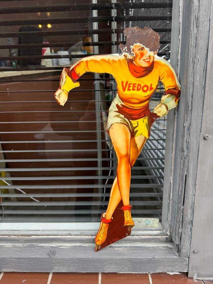Vintage Veedol Olie Reclamebord - Schaatsster, Antiek en Kunst, Curiosa en Brocante, Ophalen