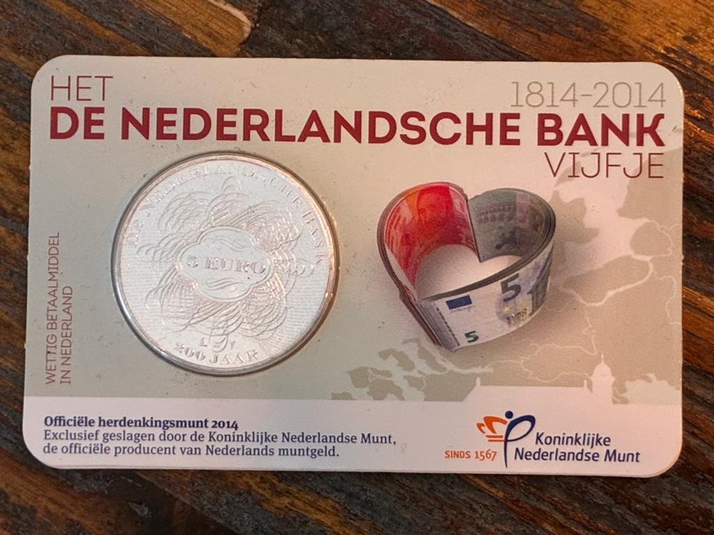 Zwaar Verzilverde €5,- Munt - 200 Jaar De Nederlandse Bank, Koningin Beatrix, Zilver, Euro's, Ophalen of Verzenden