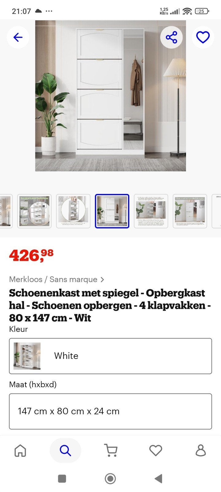 Schoenenkast met spiegel en 4 klapvakken - Wit, Ophalen of Verzenden, Nieuw, Modern