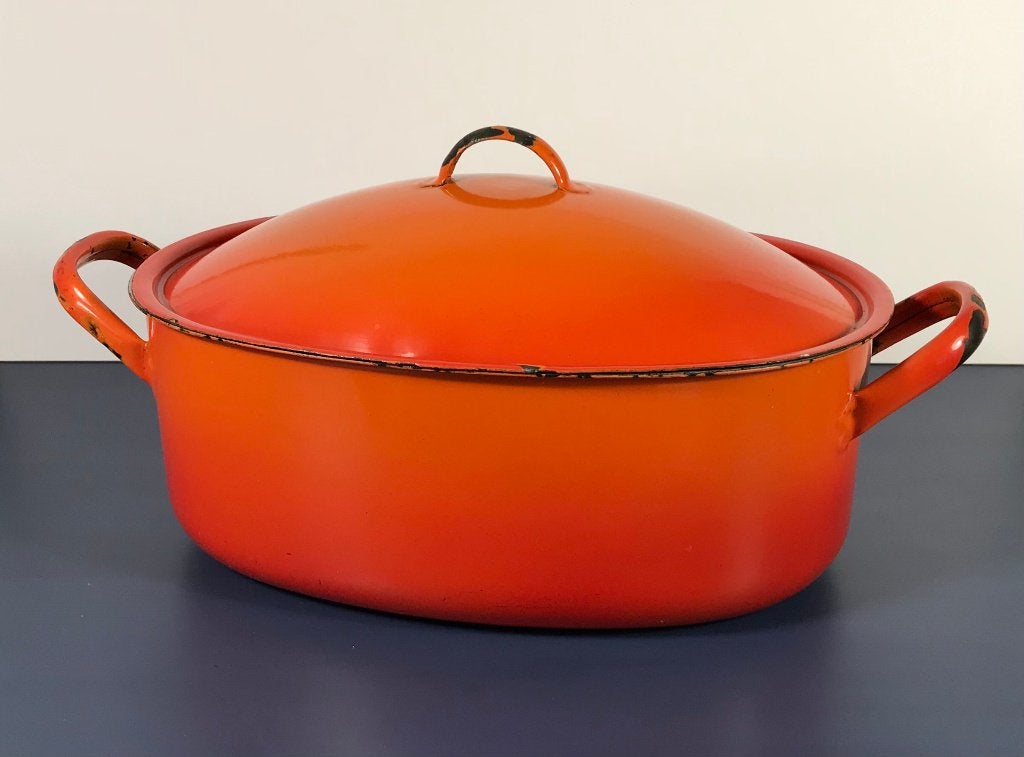 Vintage oranje ovale pan met deksel, Ophalen of Verzenden, Gebruikt, Emaille, Braadpan