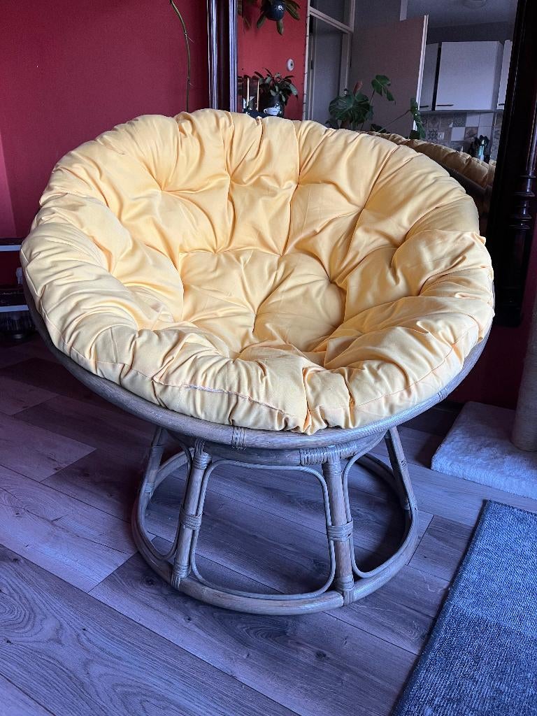 Papasan rotan stoel geel kussen, Huis en Inrichting, Stoelen, Zo goed als nieuw, Eén, Riet of Rotan, Stof, Overige kleuren, Ophalen