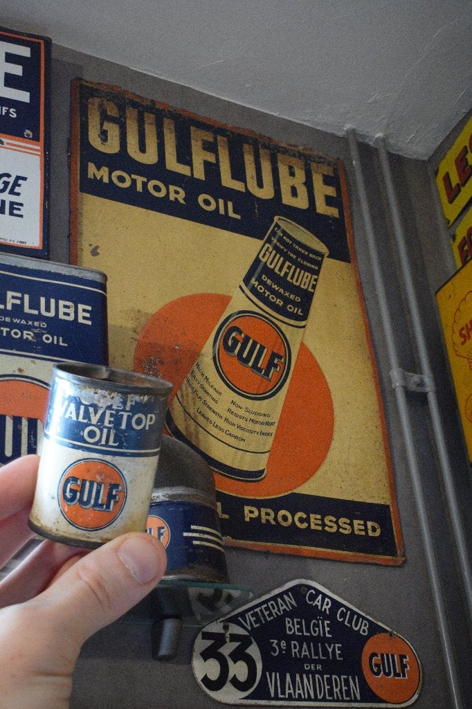 oud klein Gulf olie blik Oil Can 1930 valve top, Ophalen of Verzenden, Gebruikt, Reclamebord