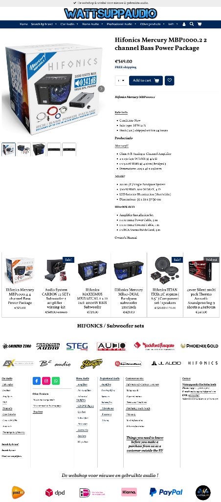 Hifonics Mercury MBP1000.2 Subwoofer + versterker, Auto diversen, Audio-design, Nieuw, Am Breilingsweg 3, 76709 Kronau, Duitsland
