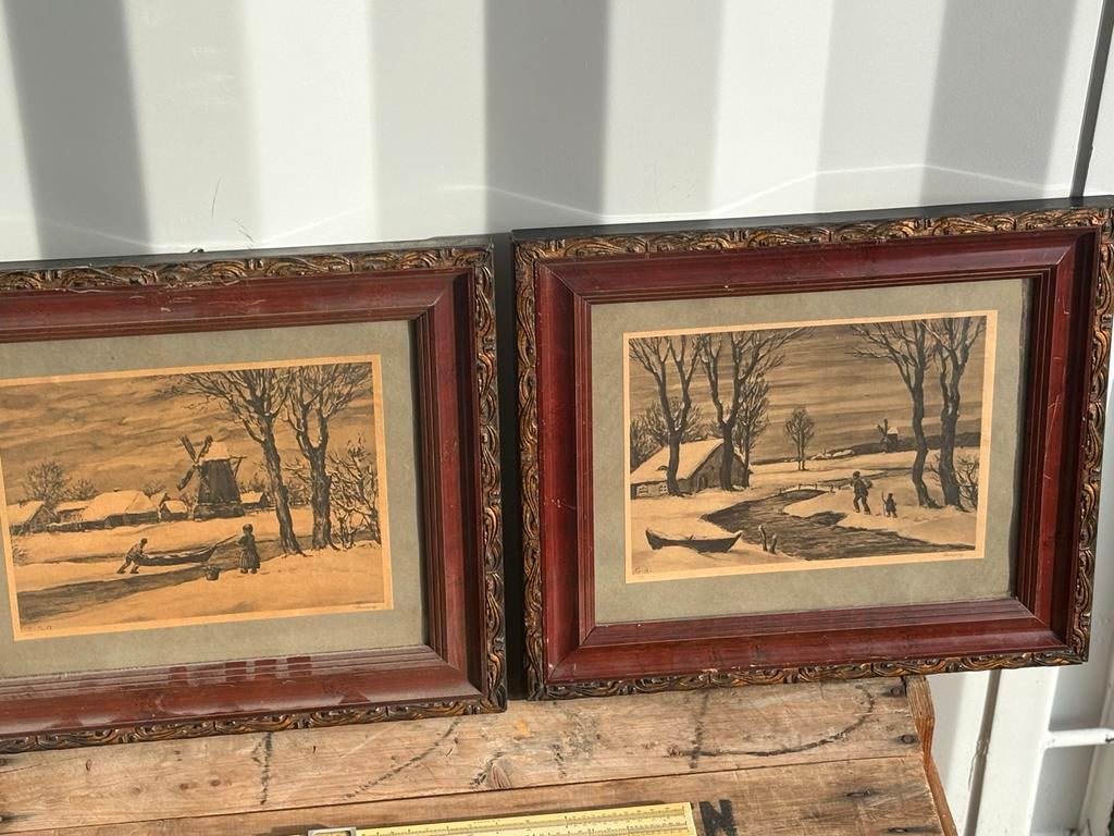 Twee antieke ingelijste wintertekeningen, Ophalen of Verzenden