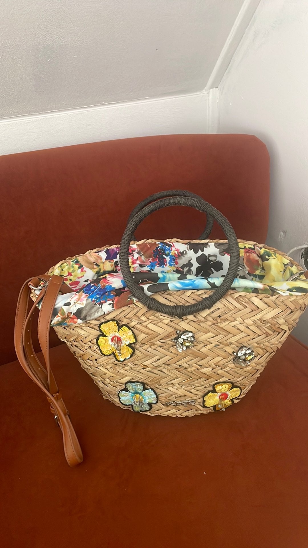 Mooie rieten tas met bloemmotief, Ophalen, Zo goed als nieuw, Overige kleuren, Overige merken