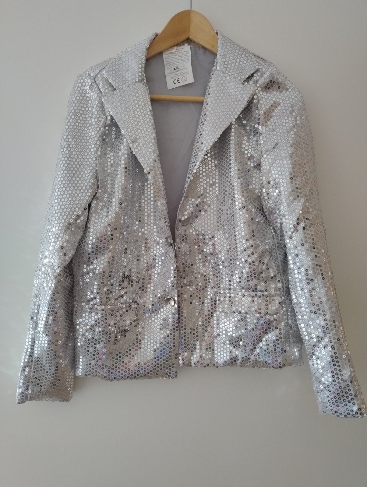 Feestelijk zilveren glitter jasje maat 164, Ophalen of Verzenden, Zo goed als nieuw, Jongen of Meisje, Jas