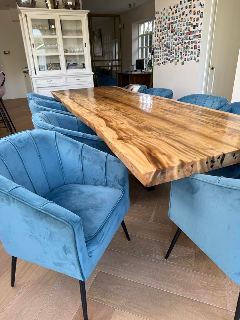 Lange eiken boomstam gietepoxy tafel met 9 eetkamerstoelen, Ophalen, Gebruikt, 100 tot 150 cm, Eikenhout