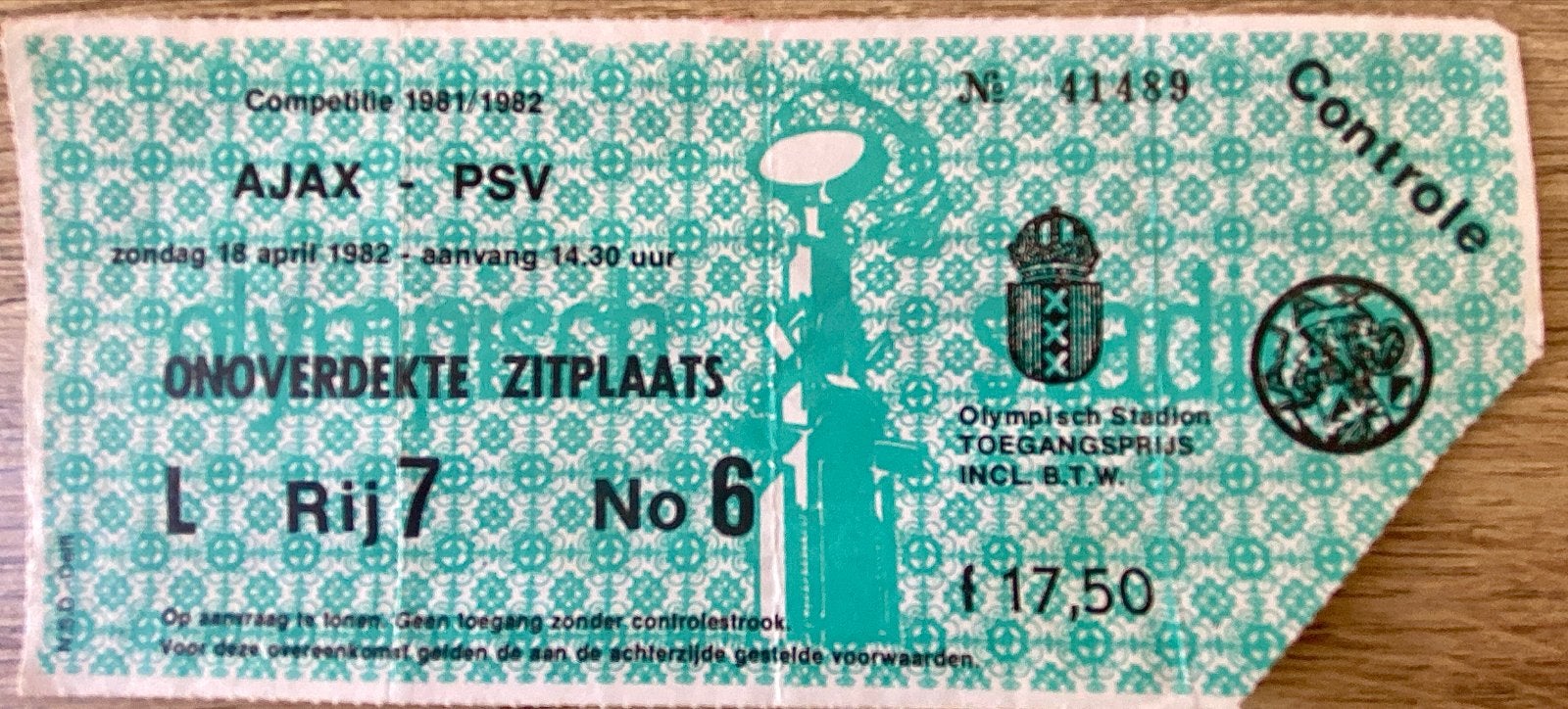 Voetbal Kaartje Ajax-PSV Olympisch Stadion (16-4-1982), Losse kaart, Eén persoon, April