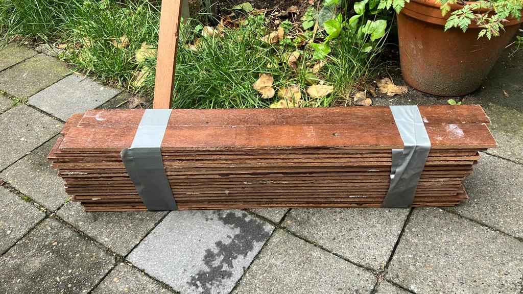 Partij mahoniehouten latten +/- 280 delen, Doe-het-zelf en Verbouw, Hout en Planken, Ophalen, Gebruikt, Minder dan 25 mm, Plank