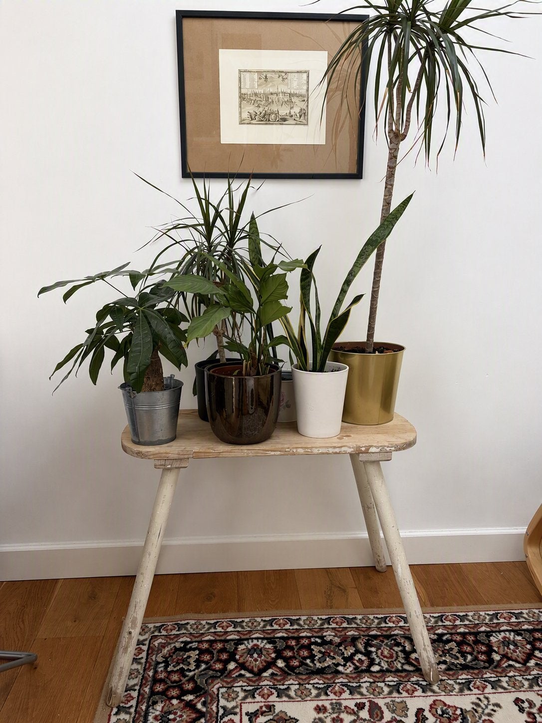 Vintage houten bijzettafel/krukje, Ophalen, Minder dan 45 cm, Gebruikt, 55 tot 75 cm