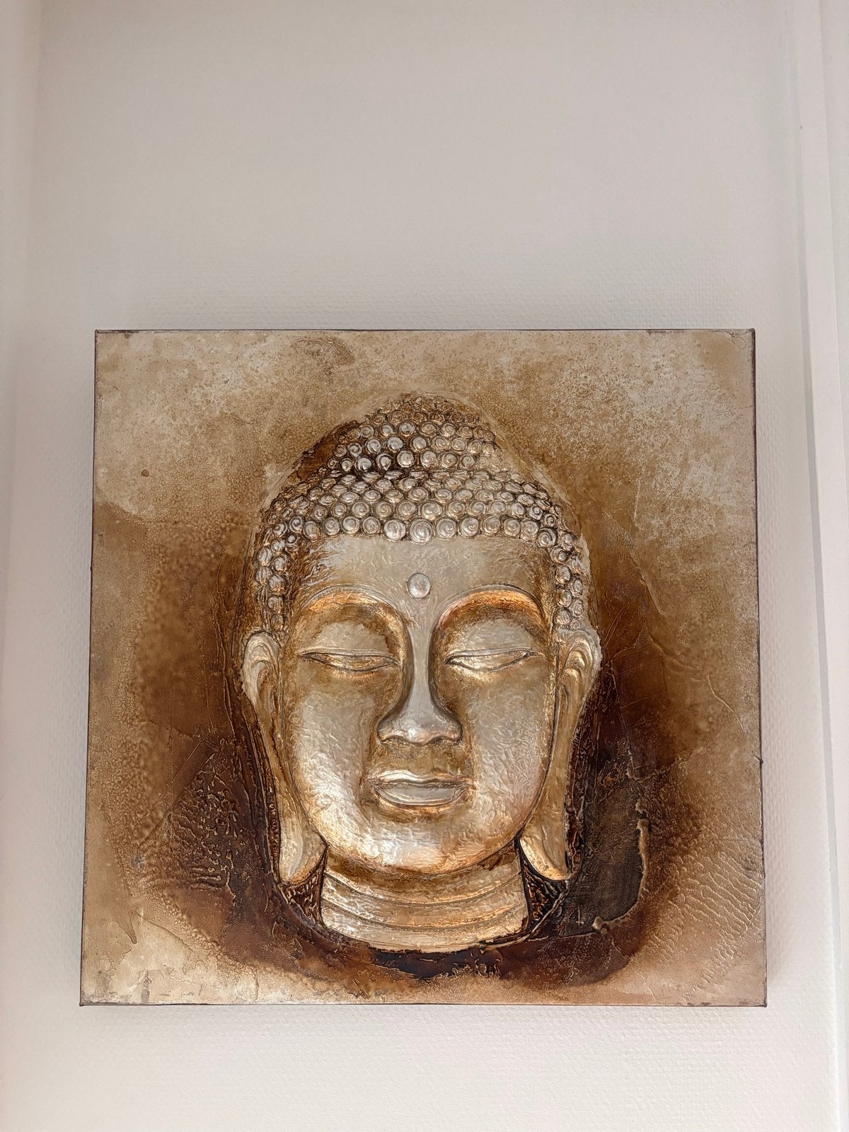 Boeddha wanddecoratie met reliëf - Goud/Brons 55x55 cm, Ophalen, Met reliëf, Gebruikt, Goud