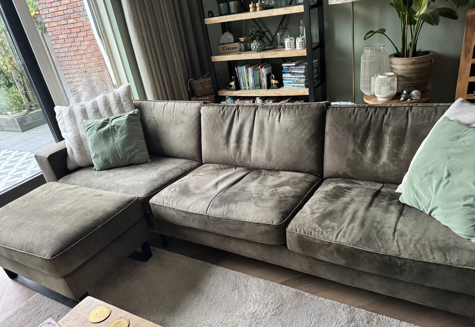4,5 zits bank kleur mos groen in microleer, Ophalen, Gebruikt, Leer