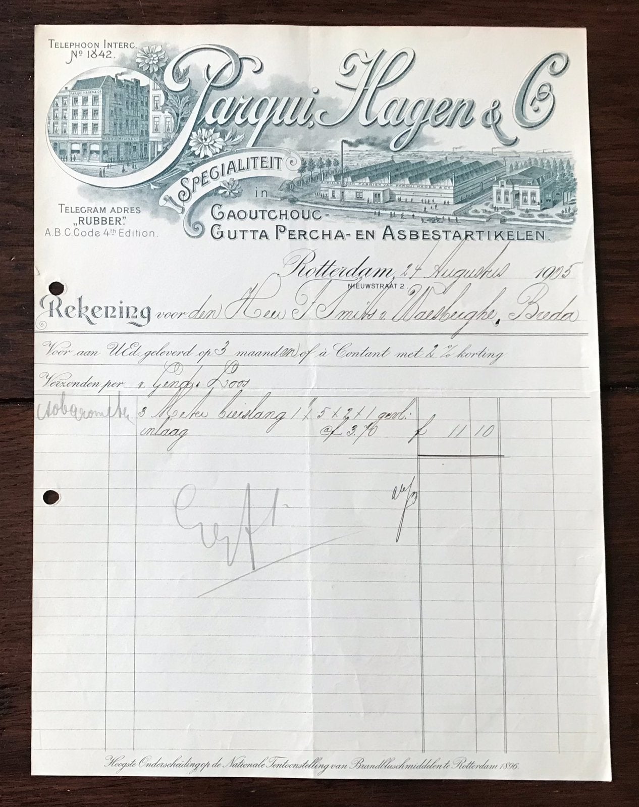 Oude Rekening 1905 Rotterdam Parqui Hagen & Co, Ophalen of Verzenden, Zo goed als nieuw, Overige typen