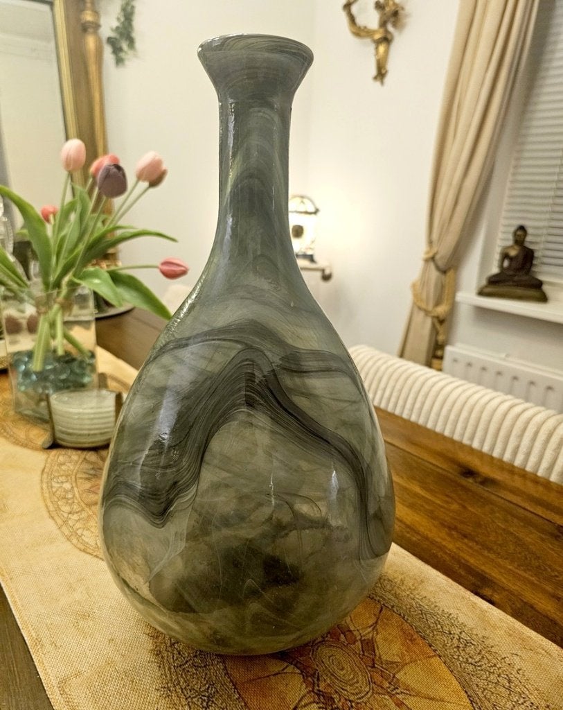 XL Glazen Buikvaas – Jaren 70 - Smoked Green Swirl – 42 cm, Huis en Inrichting, Handgemaakt, Ophalen of Verzenden, Glas, Zo goed als nieuw