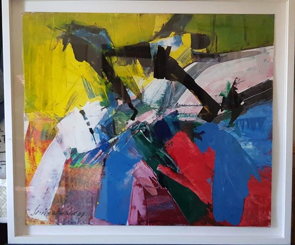 Jan te Wierik (1954) Olie op papier "Abstracte Comp" Ges Ged, Abstract, Papier/karton, Ophalen of Verzenden, Achter glas