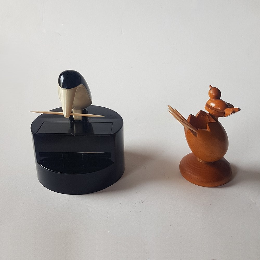 Vintage tandenstokerhouders: pinguïn en kuiken, -, -, Kunststof, Ophalen of Verzenden