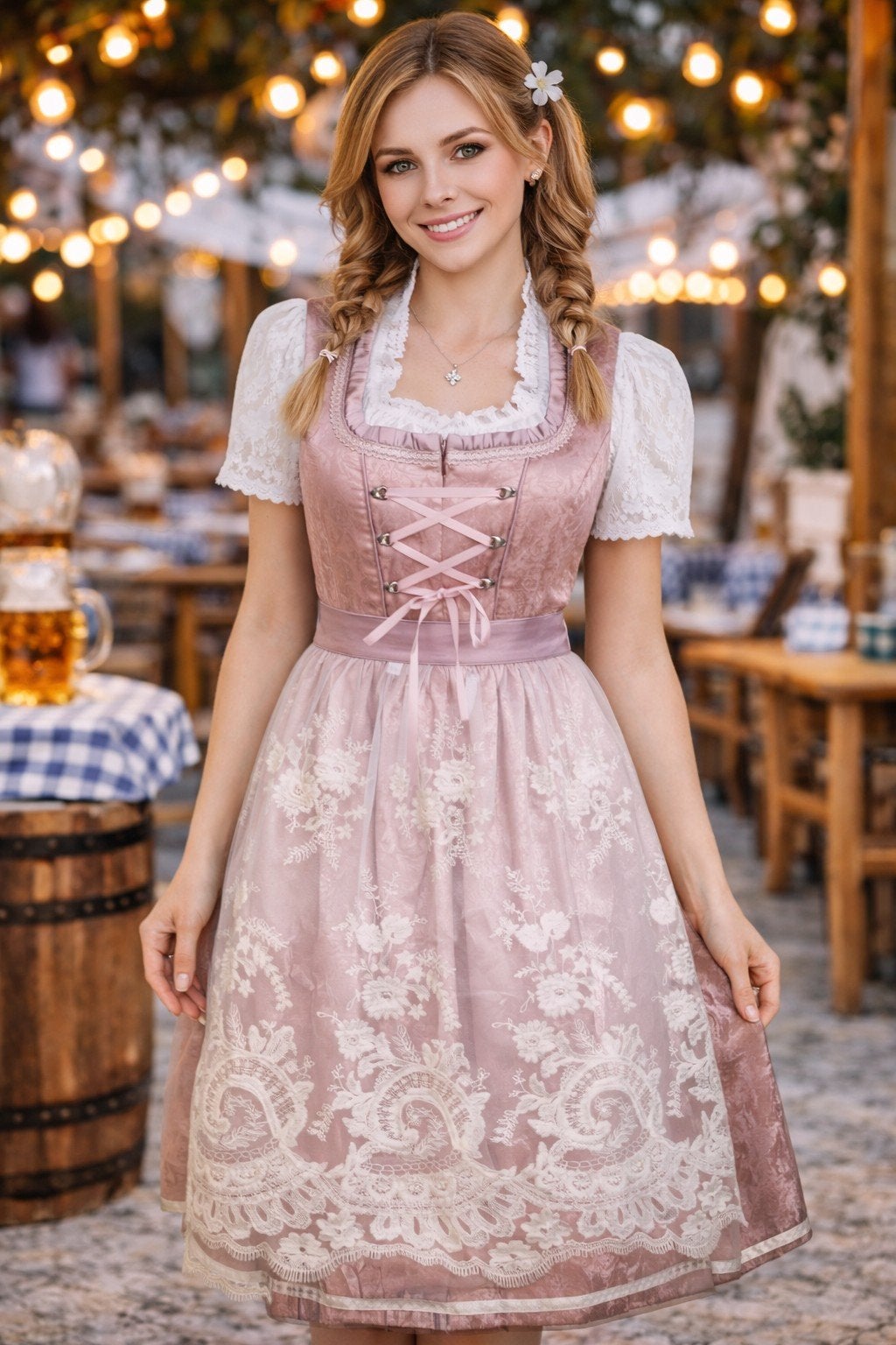 Elegante Roze Dirndl met Kant en Borduurwerk, Maat 46/48 (XL) of groter, Ophalen of Verzenden, Knielengte, Roze