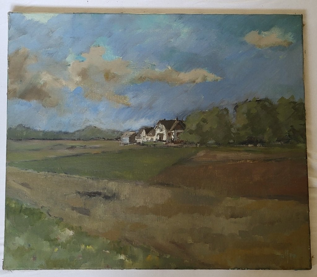 Schilderij landschap met huisjes in Oeleen., Ophalen, Doek, Oud hollands, Gedateerd