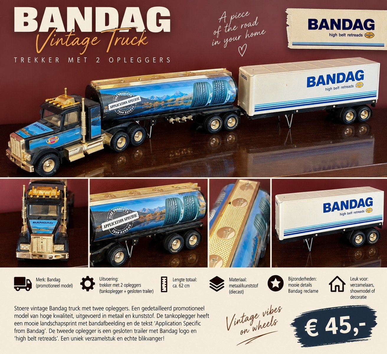 Bandag Vintage Truck met 2 opleggers - Promotiemodel, Ophalen of Verzenden, Zo goed als nieuw, Bus of Vrachtwagen
