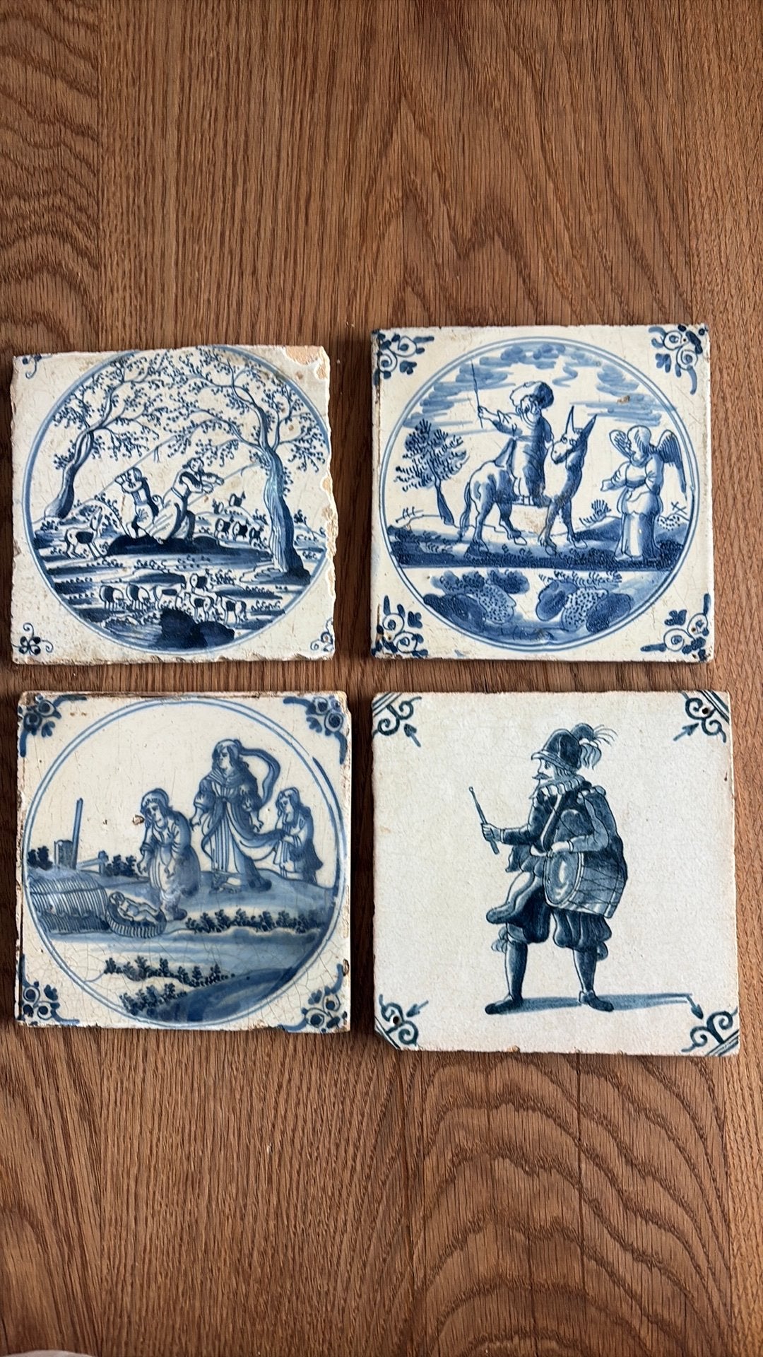 Set van 4 antieke wandtegels  – Delfts blauw – vintage/oud, Ophalen of Verzenden