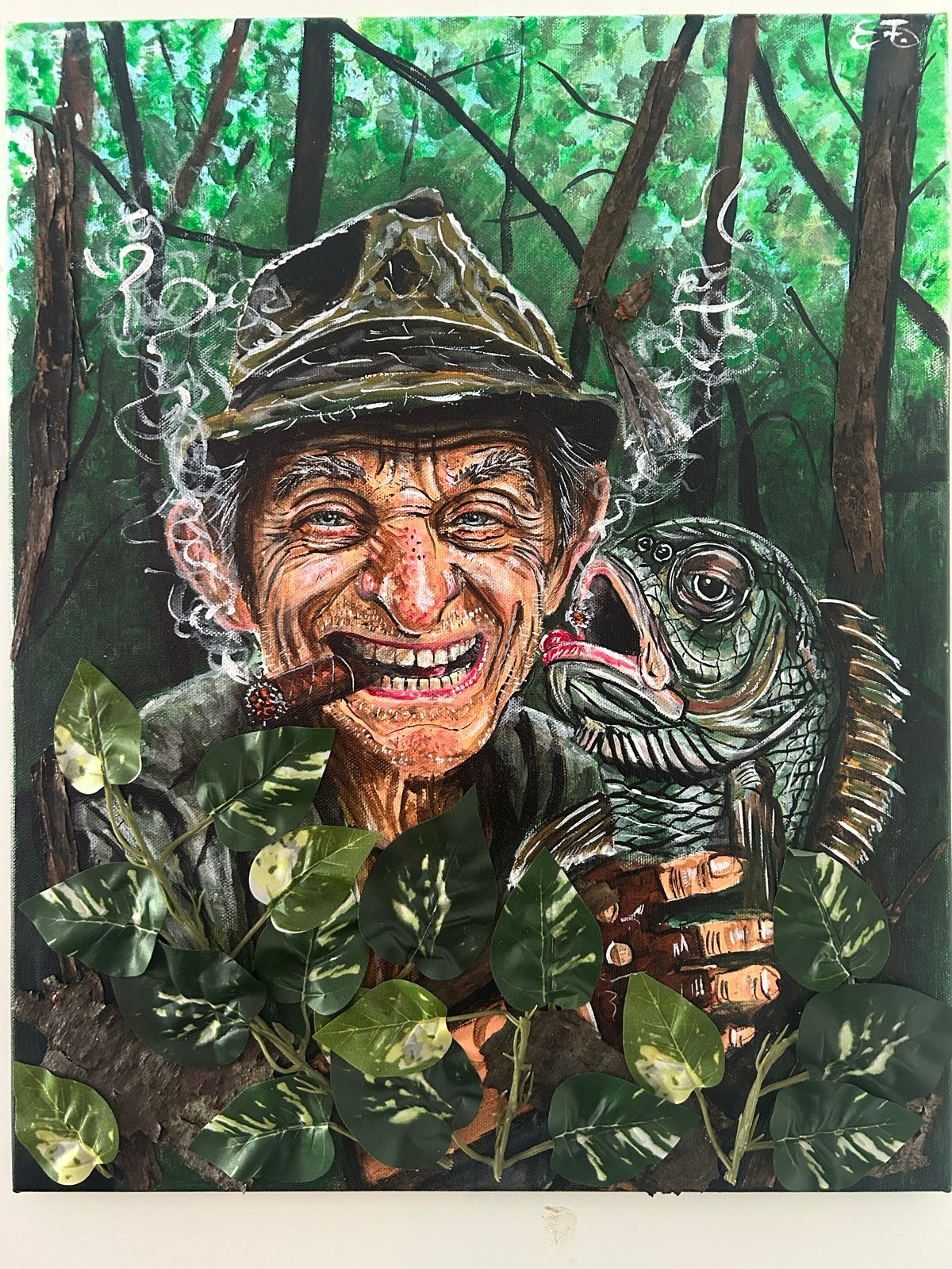 Uniek schilderij: Visser met vis, acryl op doek met schors, Antiek en Kunst, Kunst | Schilderijen | Modern, Acrylverf, 3D-effect