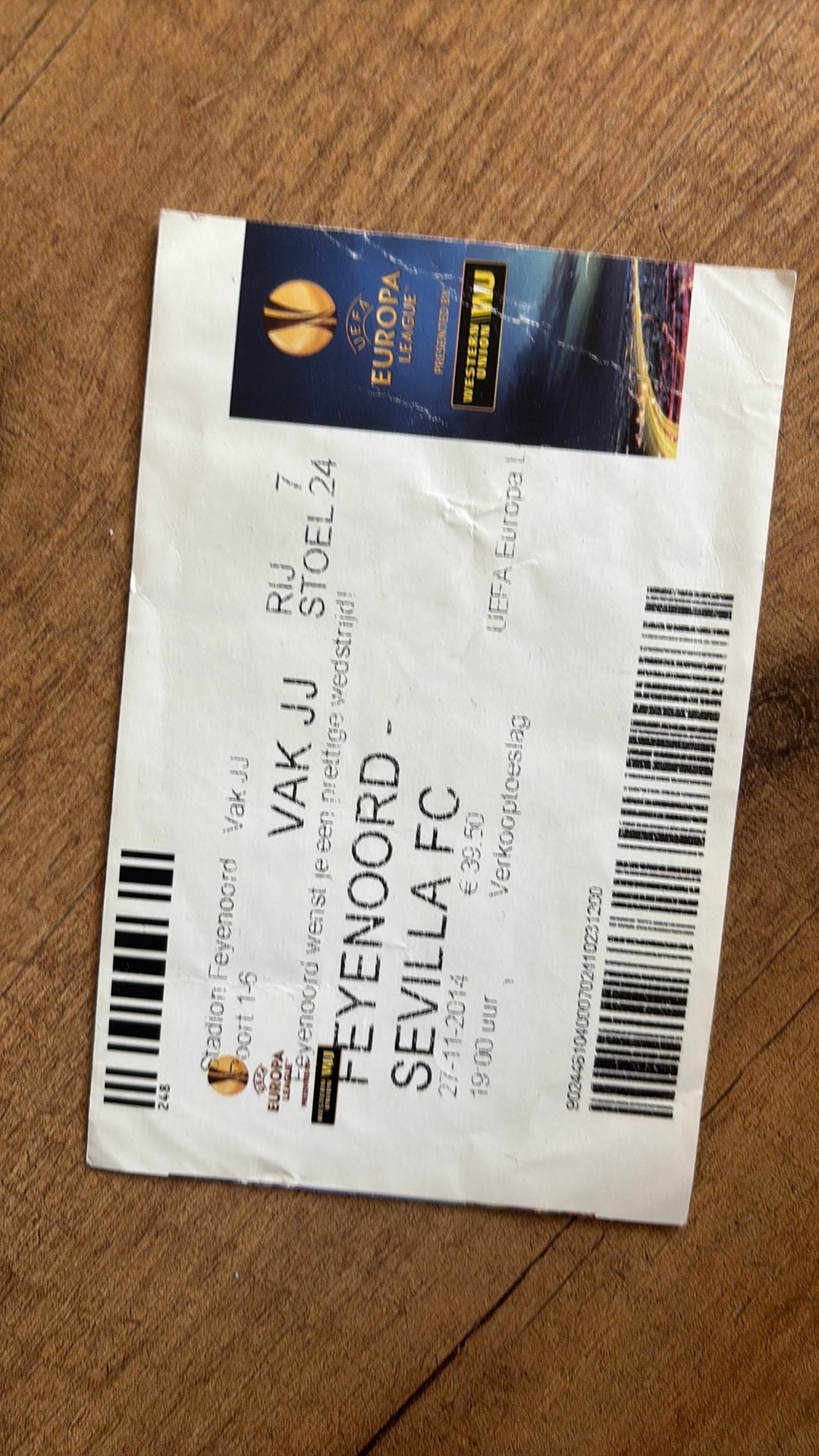 Oud stadionticket feyenoord sevilla 2014, Ophalen of Verzenden, Zo goed als nieuw, Feyenoord
