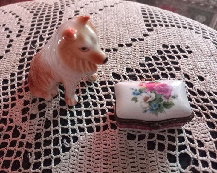 Vintage porseleinen collie en pillendoosje, circa 1970, Ophalen of Verzenden