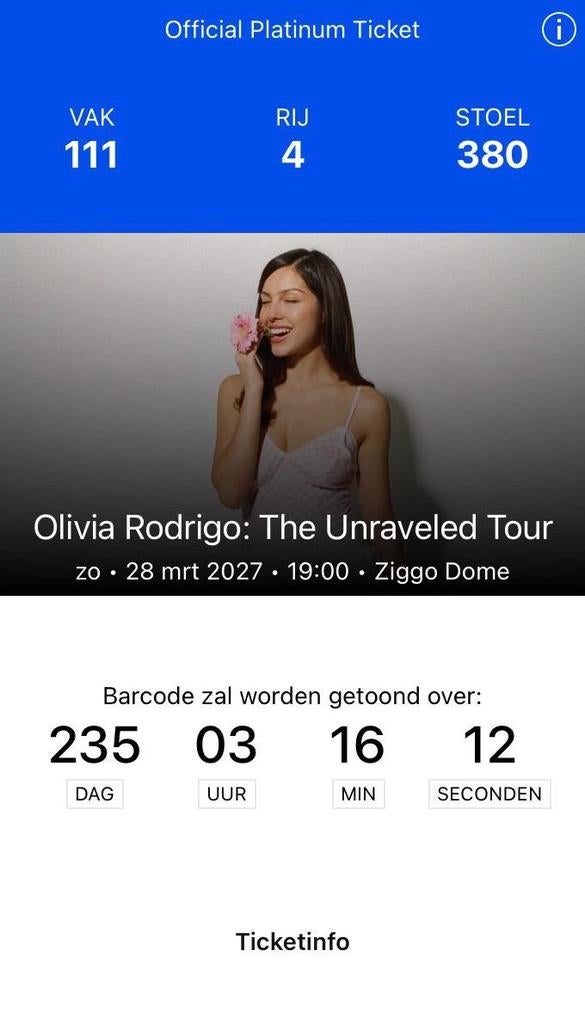 1 zitplaats official platinum voor Olivia Rodrigo, Eén persoon, Maart
