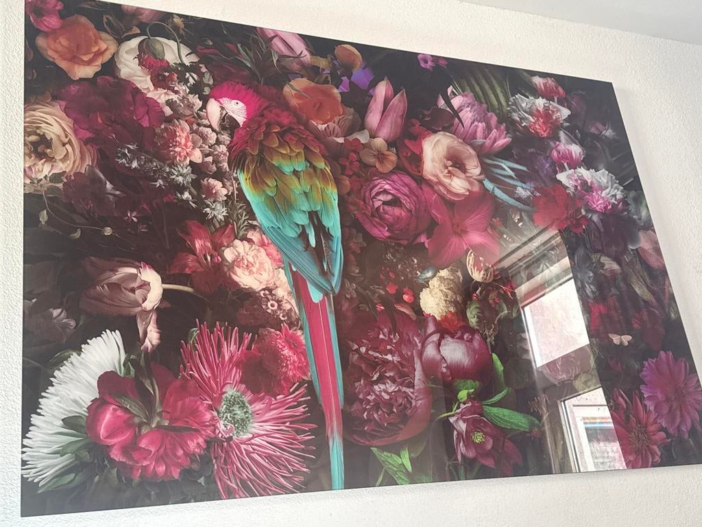 Prachtige Papegaai en Bloemen Print op Plexiglas, 125 cm of meer, Ophalen of Verzenden, 75 cm of meer, Print