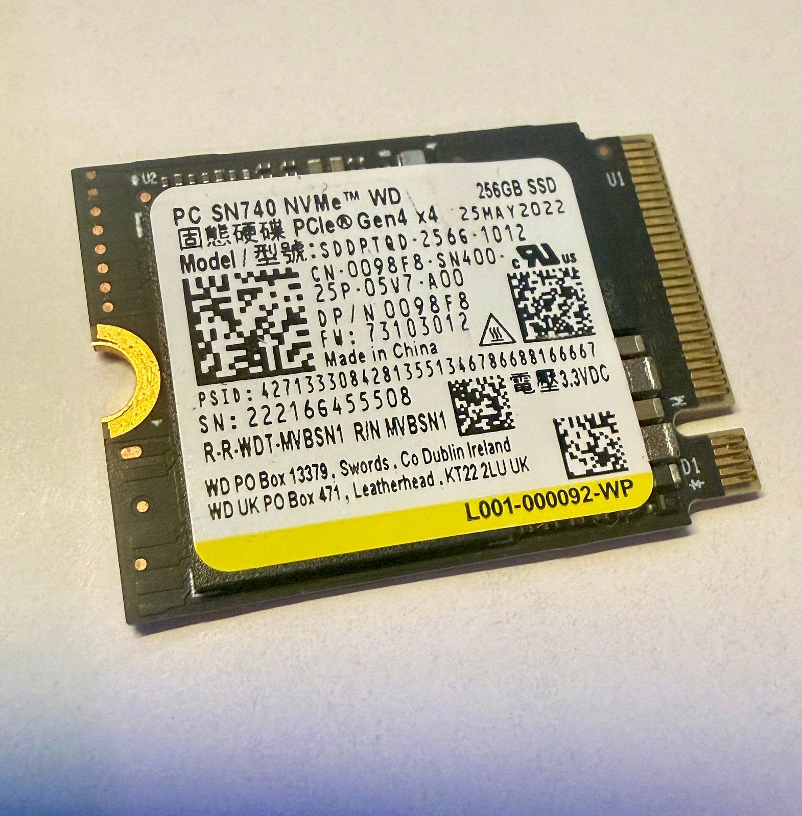 WD SN740 256GB NVMe SSD M.2 2230 Gen4 – Gratis verzending, Ophalen of Verzenden, Zo goed als nieuw, Laptop, Overige aansluitingen