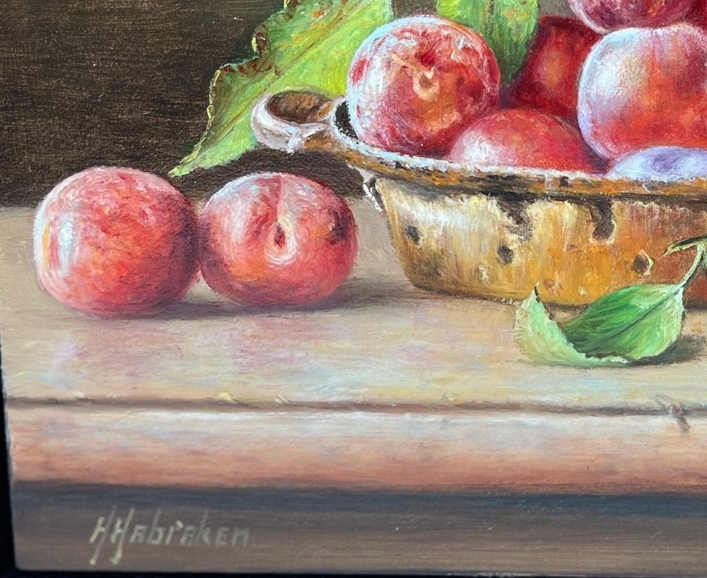 Schilderij pruimen in een pan op paneel. Hans Habraken, Paneel, Realistisch, Stilleven, Ophalen of Verzenden