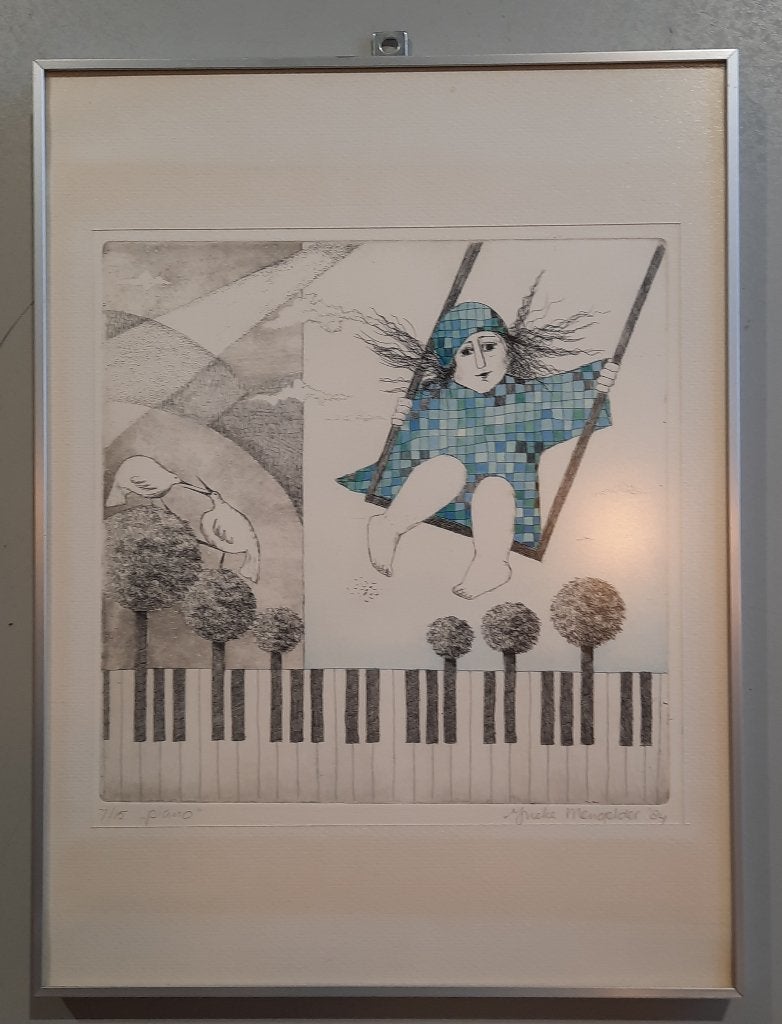 Ineke Mengelder - ets "piano" (7/15) uit 1984, 30 cm, Portret, Ophalen of Verzenden, Met tekst