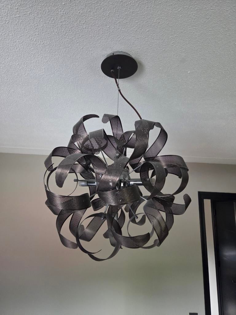 Moderne design hanglamp, brons kleurig, Ophalen, 50 tot 75 cm, Zo goed als nieuw, Metaal