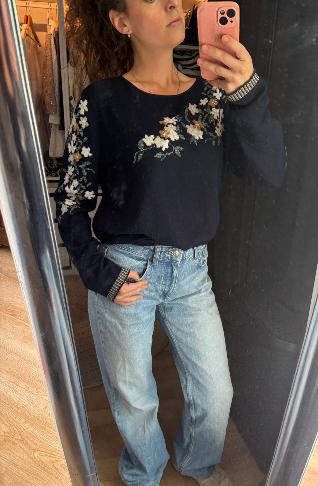 Portray Berlin 99% Merinowol Trui met bloemen | Maat L, Ophalen of Verzenden, Zo goed als nieuw, Maat 42/44 (L), Blauw
