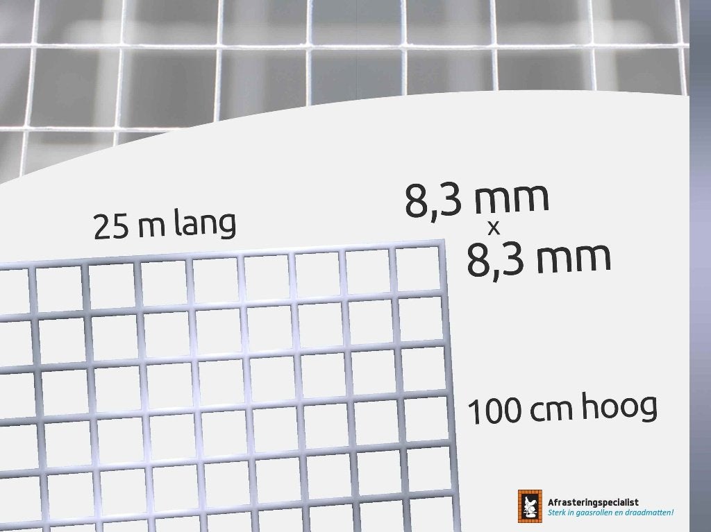 Volièregaas verzinkt | 8.3x8.3mm | 0.8mm | 100cm | 25m