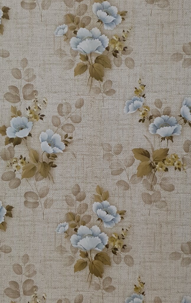 13672 Vintage jutelook behang met blauwe bloemen swiet, Ophalen of Verzenden, Beige
