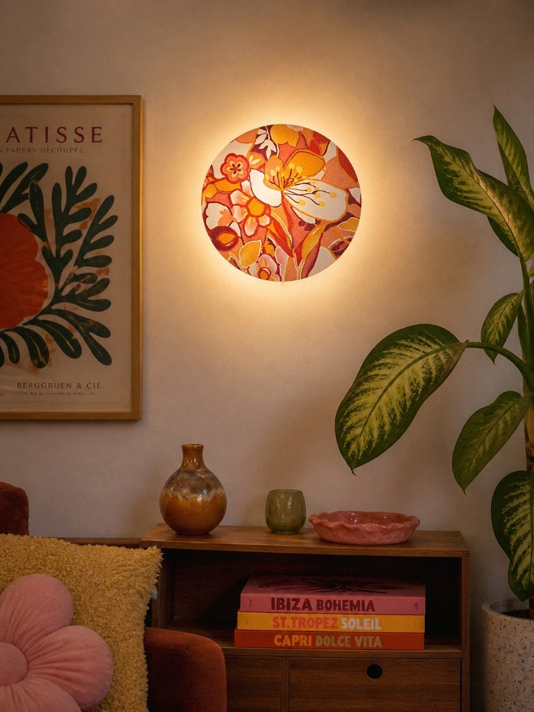 Handgemaakte ronde vintage bloemenprint wandlamp, Met schakelaar, Verzenden, Oranje, Nieuw