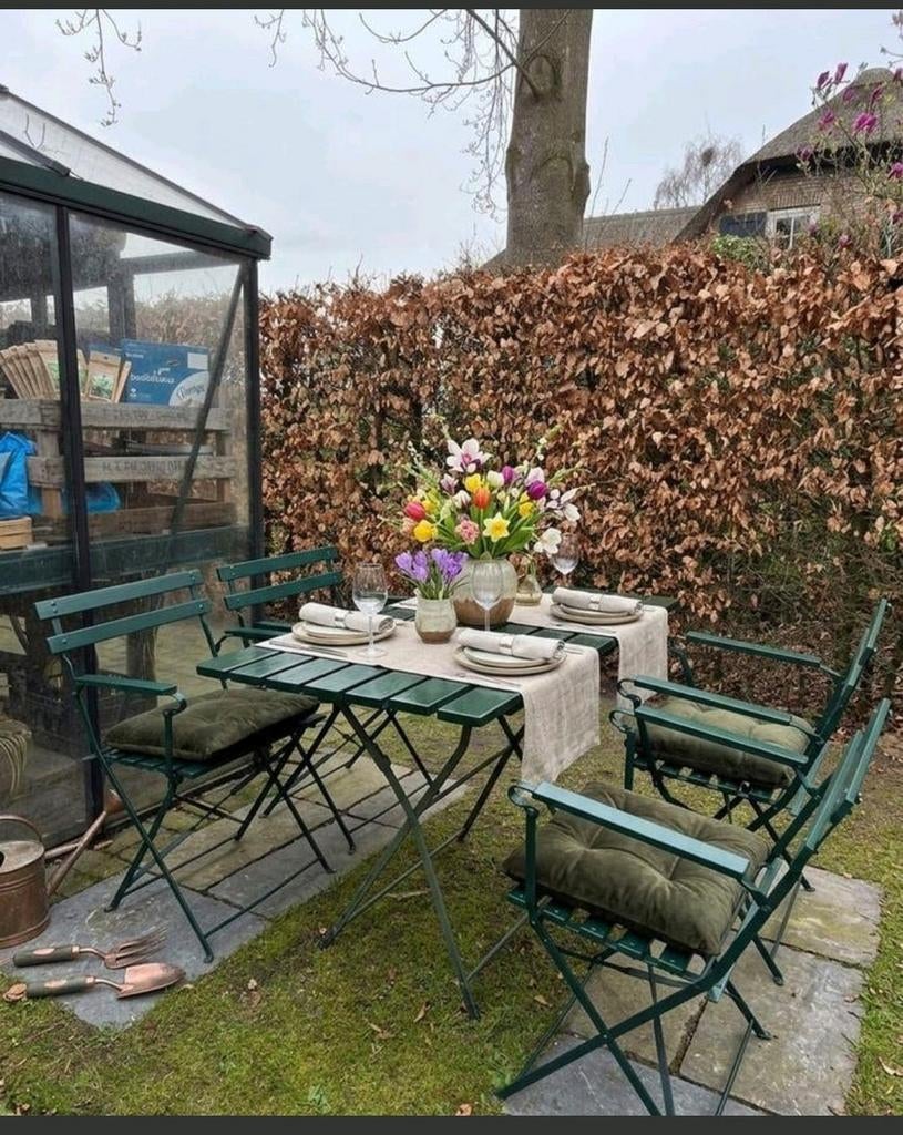 Brocante frans Groen tuinset met 4 armstoelen en tafel, Ophalen, Gebruikt, 2 zitplaatsen