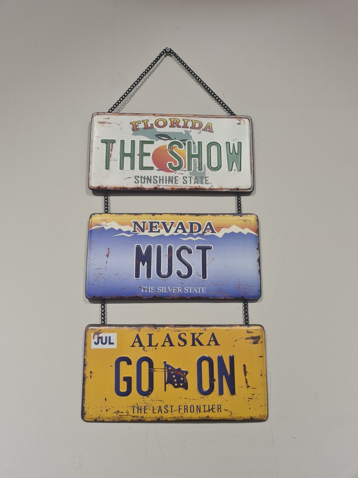 Decoratieve metalen platen: Florida, Nevada, Alaska, Verzamelen, Ophalen of Verzenden, Gebruikt