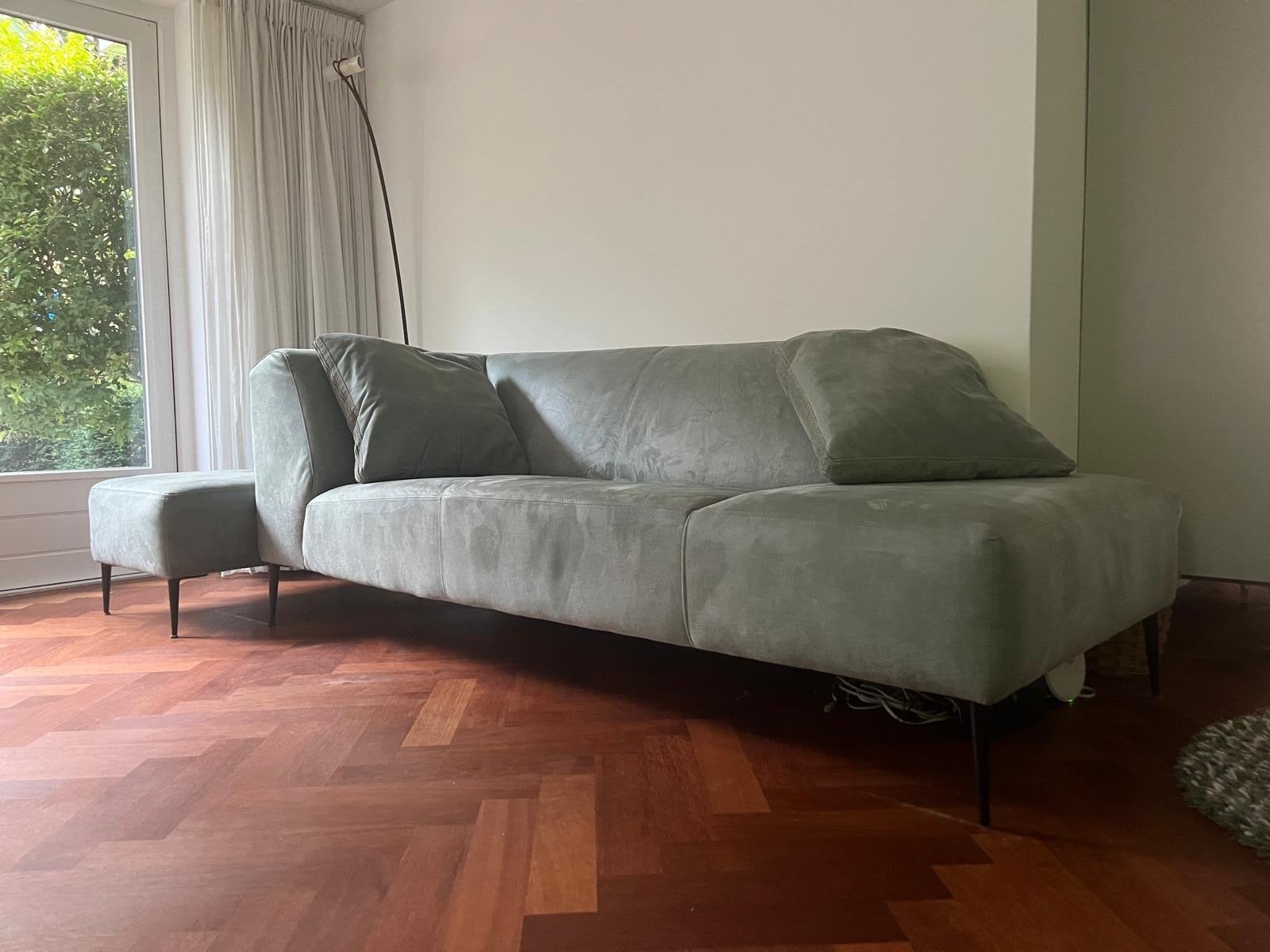 Moderne lichtgroene bank met chaise longue, Ophalen, Hoekbank, Driepersoons, 75 tot 100 cm
