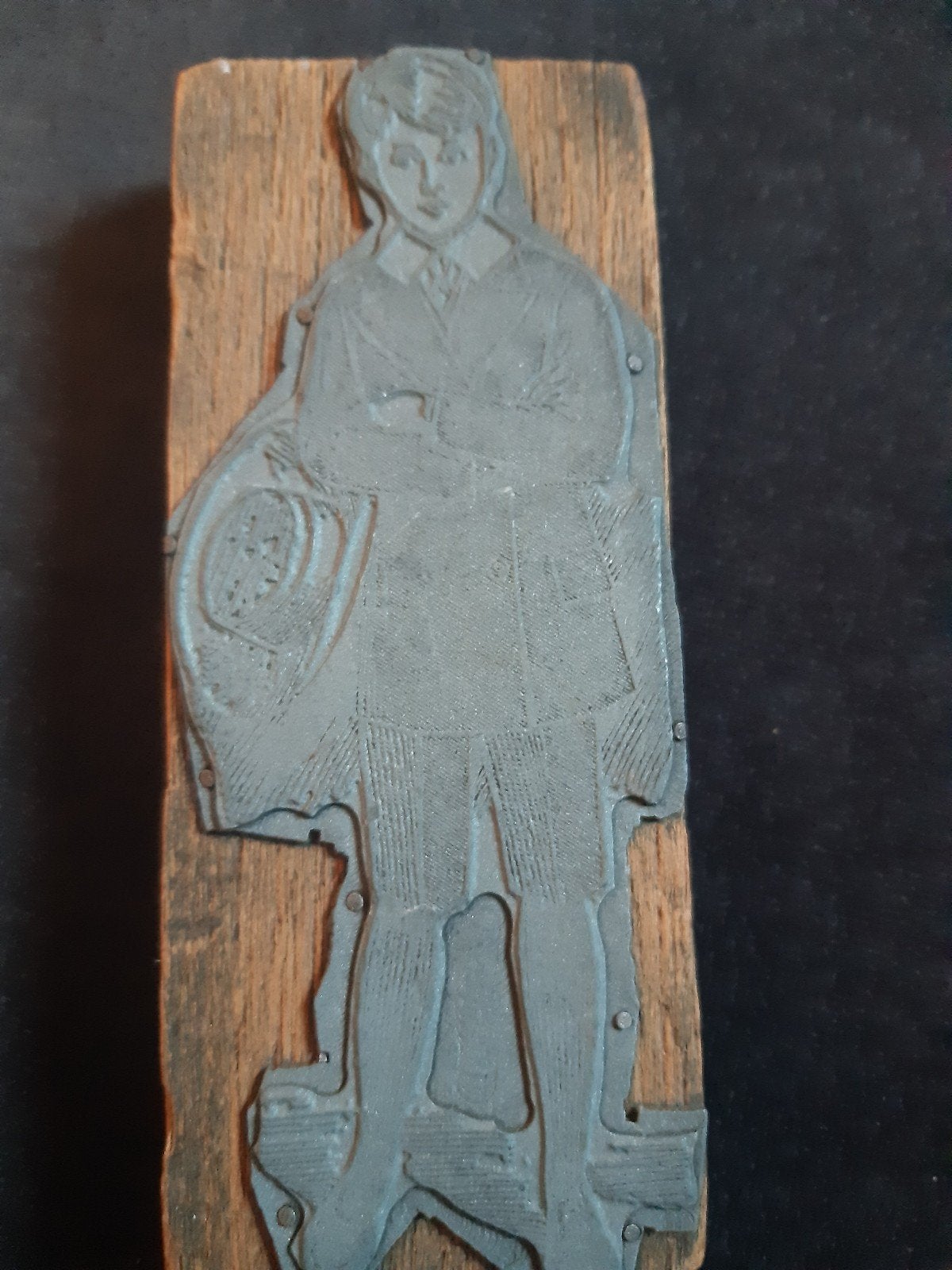 Oude stempel ,drukblok, 'jongen met hoed'',patina, Antiek en Kunst, Curiosa en Brocante, Ophalen of Verzenden