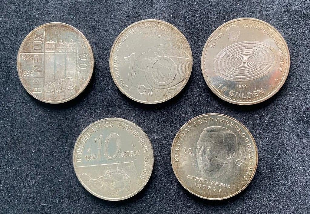 Set van 5 zilveren 10 gulden munten Koningin Beatrix, Setje, Koningin Beatrix, Zilver, Ophalen of Verzenden