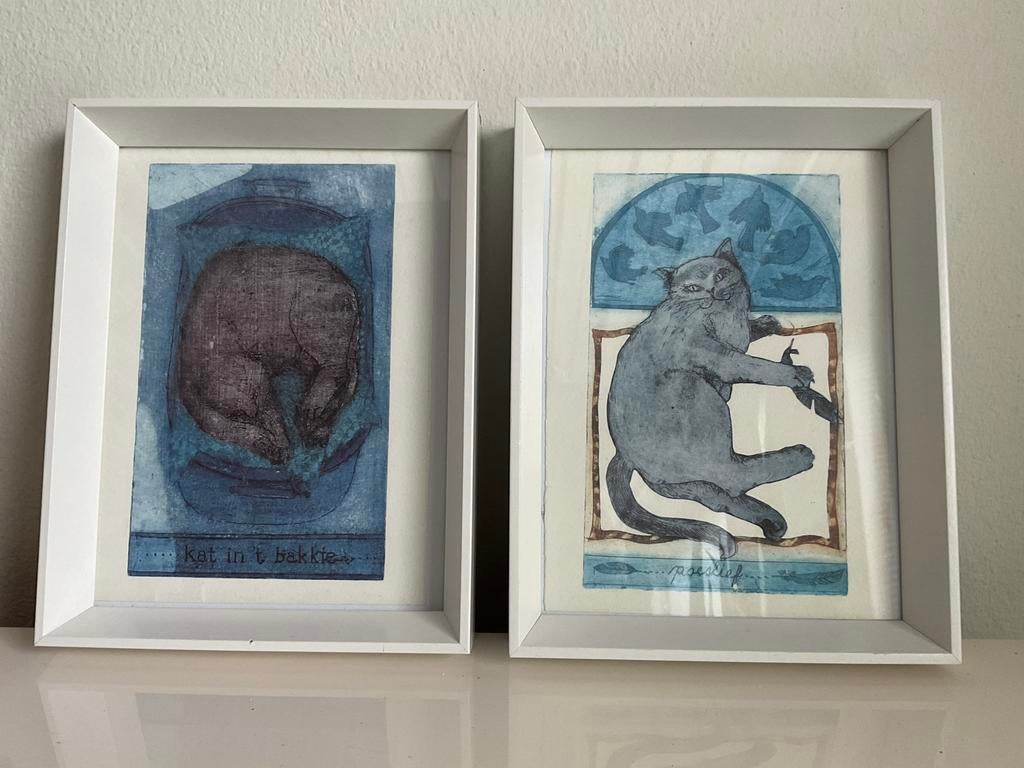 2 werkjes ‘kat in het bakkie’ en ‘poeslief’ in aparte lijst, Antiek en Kunst, Kunst | Litho's en Zeefdrukken, Ophalen of Verzenden