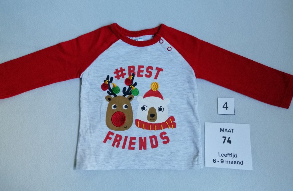 Leuk Kerst babykleding, longsleeve shirt, baby maat: 74, Ophalen of Verzenden, Zo goed als nieuw, Jongetje of Meisje, Shirtje of Longsleeve