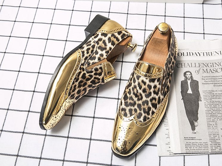Gouden heren schoenen luipaardpatroon loafers lakschoenen, Verzenden, Nieuw, Overige kleuren, Loafers