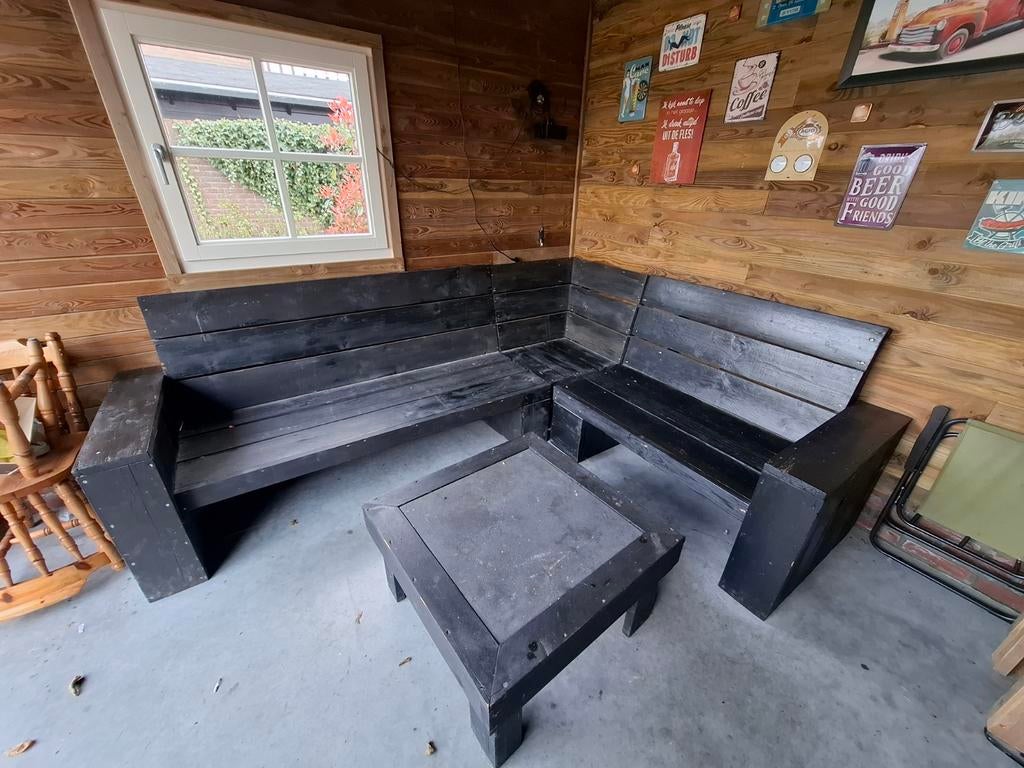 Steigerhouten tuinbank incl kussens en tafel, Tuin en Terras, Ophalen, Gebruikt, Steigerhout