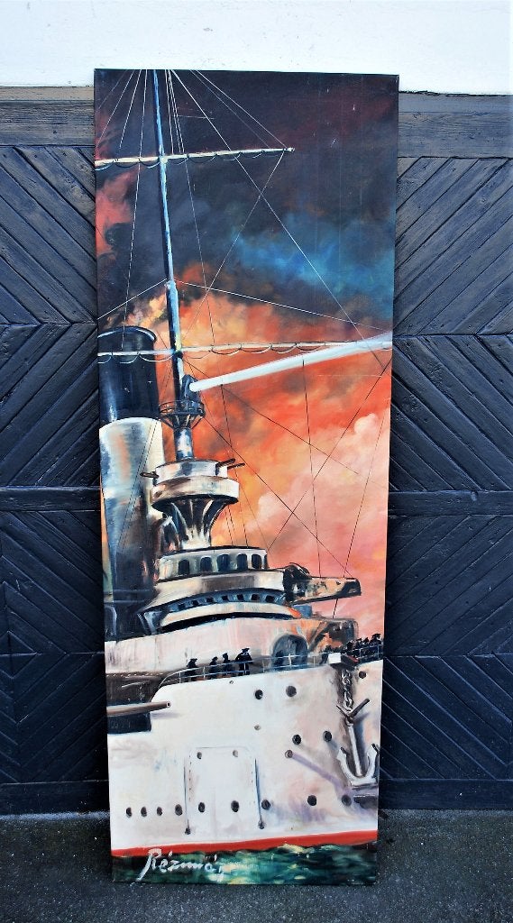 Groot schilderij van slagschip Aurora - Olieverf op doek, Antiek en Kunst, Ophalen of Verzenden